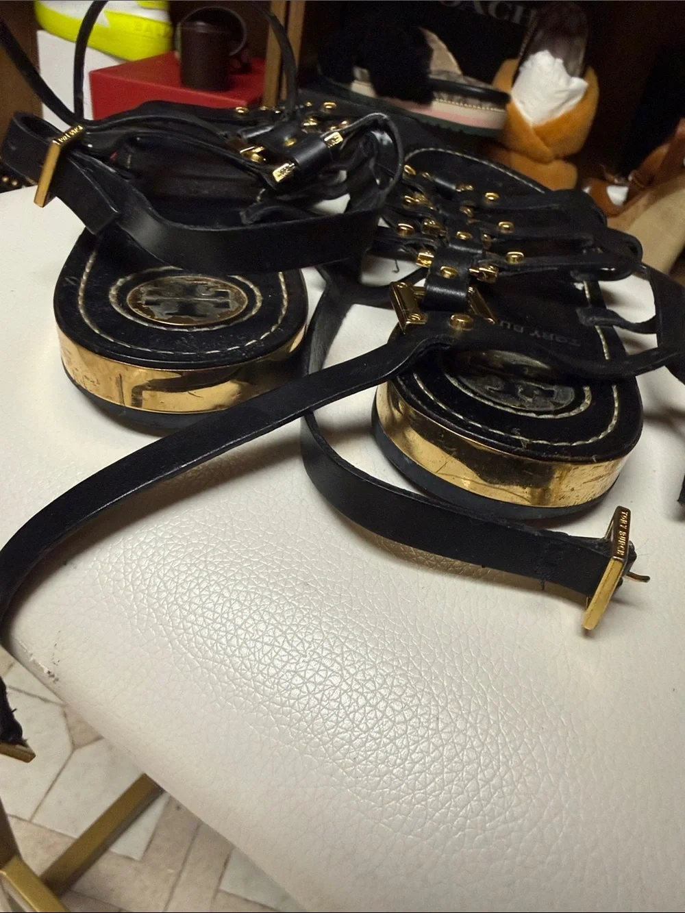 Tory Burch Black Leather Gladiator Sandals with Gold Studs
